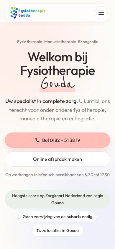 Mobiele weergave van het voorbeeldontwerp voor Fysiotherapie Gouda