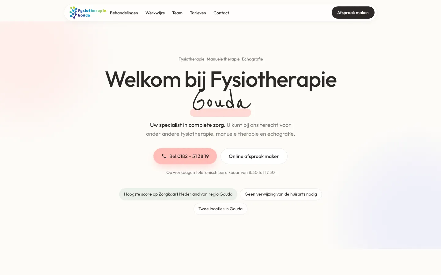 Schermafbeelding van de homepage van het voorbeeldontwerp voor Fysiotherapie Gouda