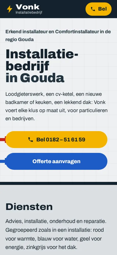 Mobiele weergave van het voorbeeldontwerp voor Installatiebedrijf Vonk