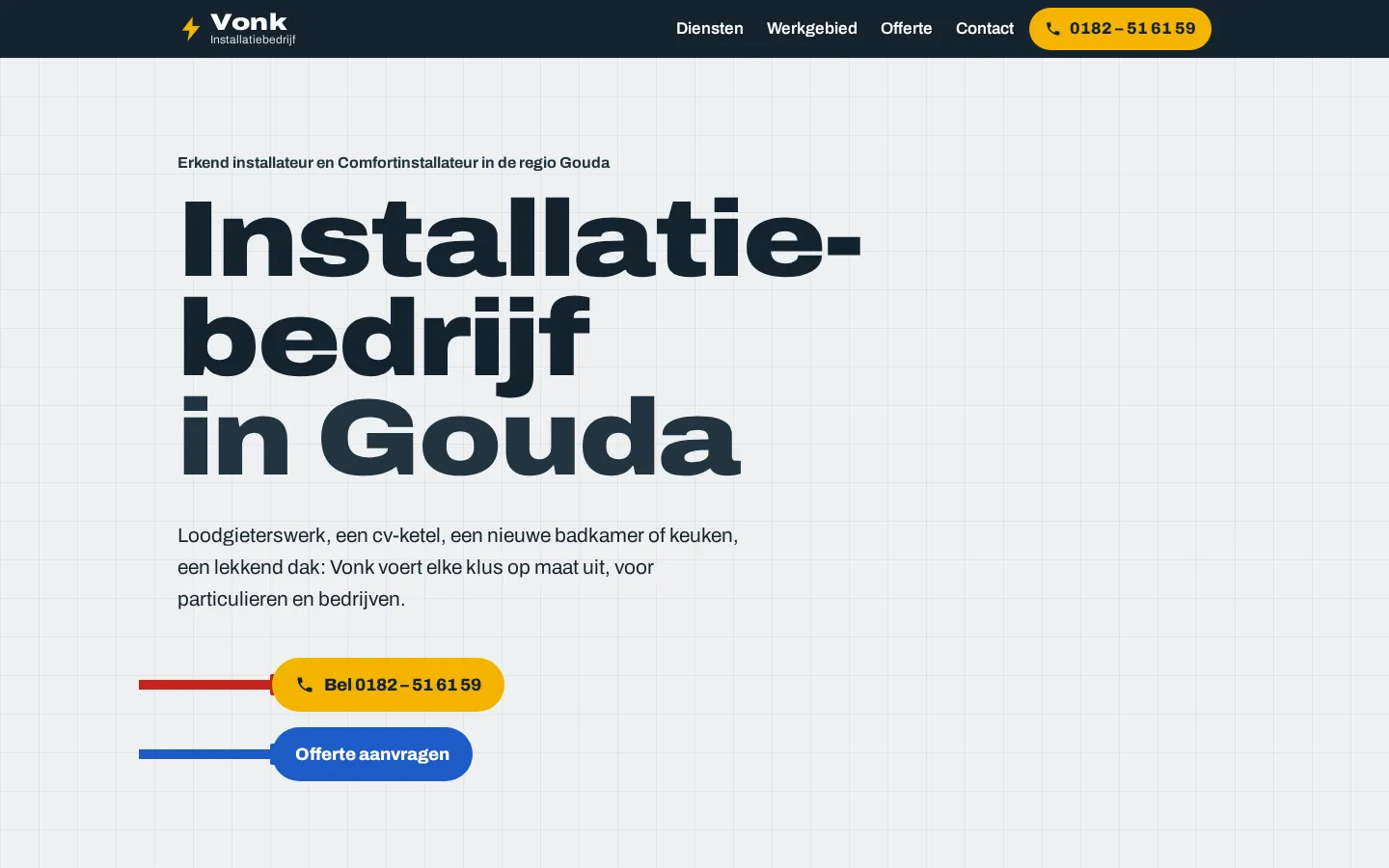 Schermafbeelding van de homepage van het voorbeeldontwerp voor Installatiebedrijf Vonk