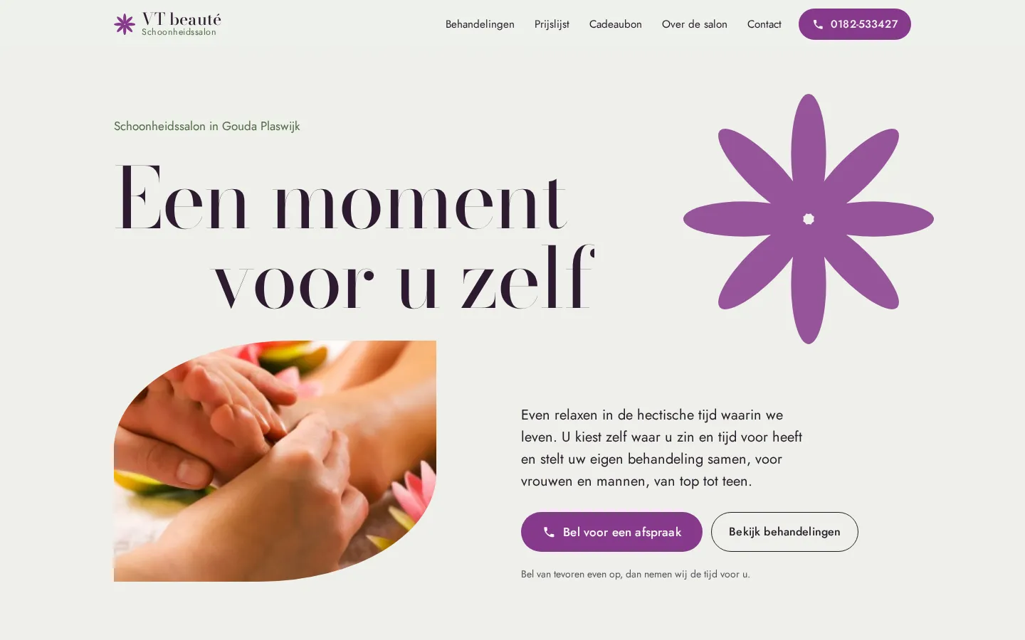 Schermafbeelding van de homepage van het voorbeeldontwerp voor VT Beauté